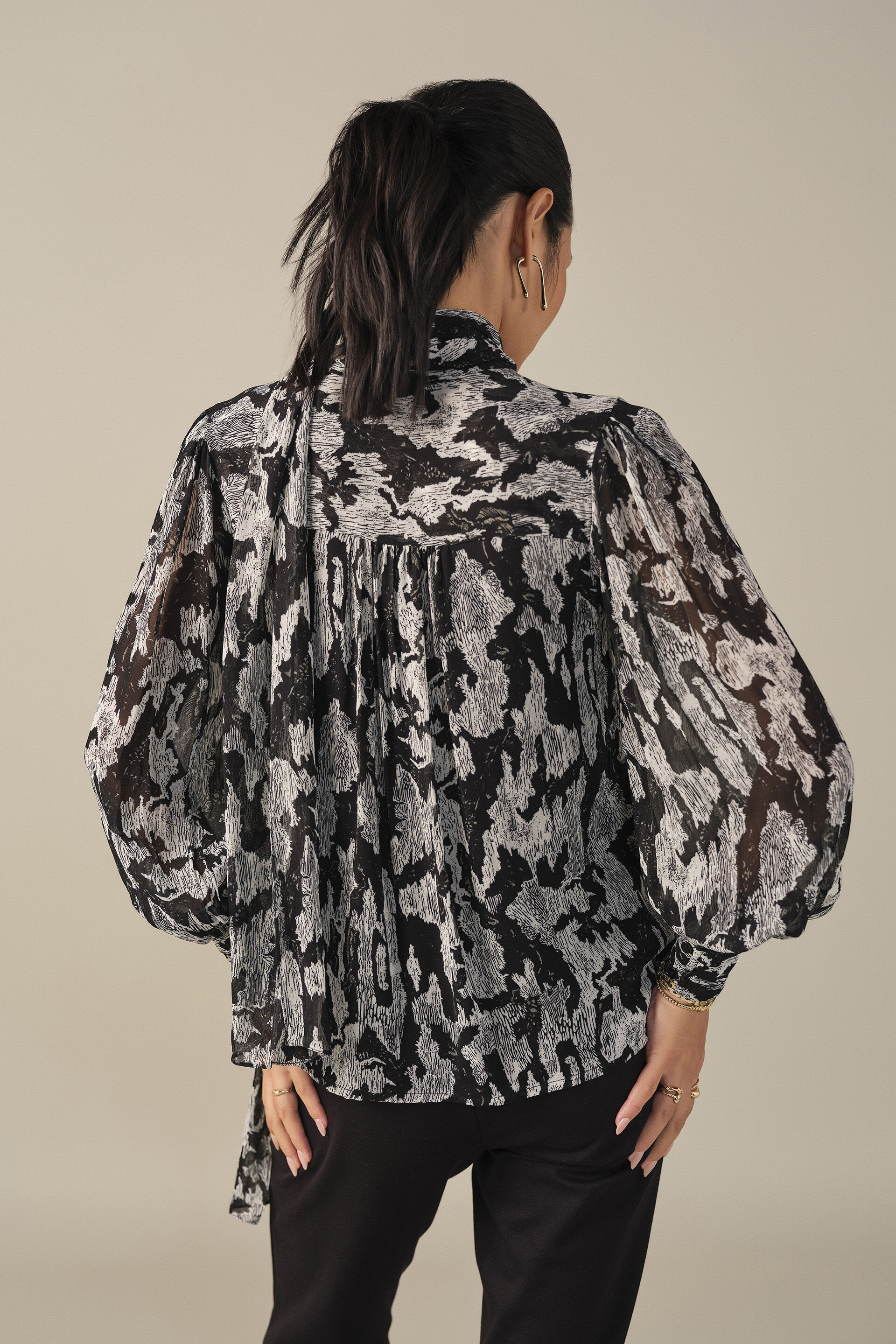 Abstract Print Scarf Neck Top in Black, Black, image 6